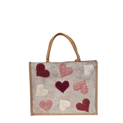 red pink white hearts tote bag, metallic off-white tote bag, beaded hearts jute bag, eco-friendly heart tote, valentines day tote