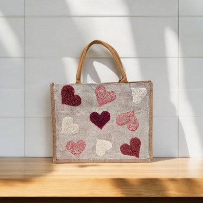 red pink white hearts tote bag, metallic off-white tote bag, beaded hearts jute bag, eco-friendly heart tote, valentines day tote
