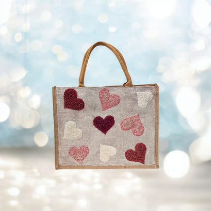 red pink white hearts tote bag, metallic off-white tote bag, beaded hearts jute bag, eco-friendly heart tote, valentines day tote