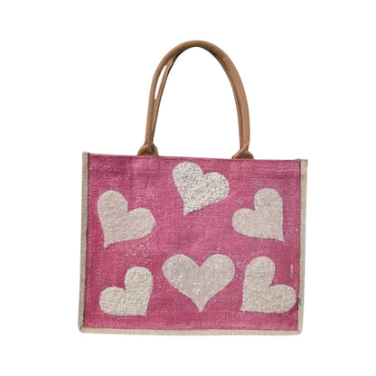 white hearts tote bag, metallic pink tote bag, beaded heart jute bag, eco-friendly heart tote, hand painted hearts tote bag
