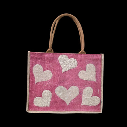 white hearts tote bag, metallic pink tote bag, beaded heart jute bag, eco-friendly heart tote, hand painted hearts tote bag
