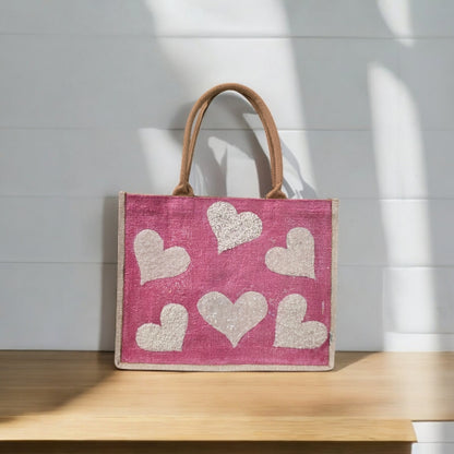 white hearts tote bag, metallic pink tote bag, beaded heart jute bag, eco-friendly heart tote, hand painted hearts tote bag