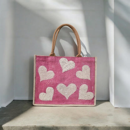 white hearts tote bag, metallic pink tote bag, beaded heart jute bag, eco-friendly heart tote, hand painted hearts tote bag