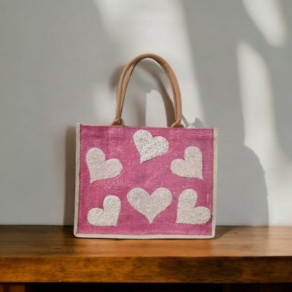 white hearts tote bag, metallic pink tote bag, beaded heart jute bag, eco-friendly heart tote, hand painted hearts tote bag