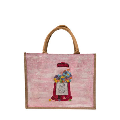 conversation heart valentine tote bag, hand painted valentine tote, beaded pink tote bag, valentine gift bag