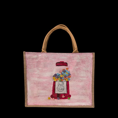 conversation heart valentine tote bag, hand painted valentine tote, beaded pink tote bag, valentine gift bag