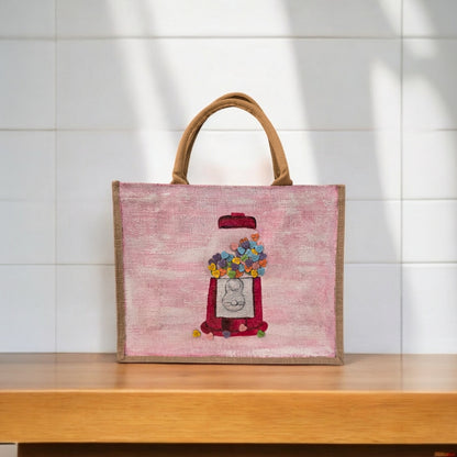 conversation heart valentine tote bag, hand painted valentine tote, beaded pink tote bag, valentine gift bag