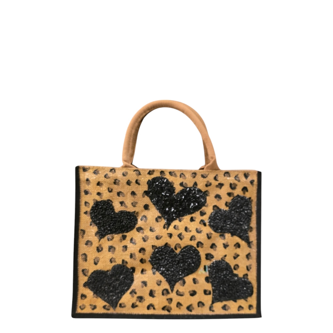 Leopard-Print-Tote-Bag, Black-Beaded-Hearts-on-Animal-Print, Artistic-Design