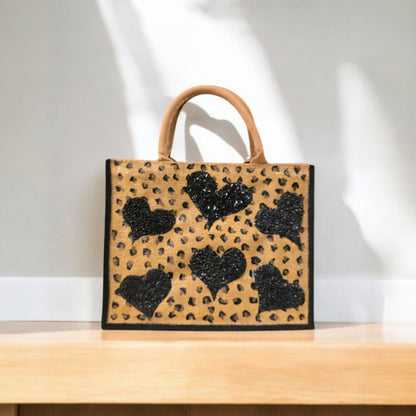 black hearts tote bag, leopard print tote bag, animal print tote bag, beaded hearts jute bag, eco-friendly tote