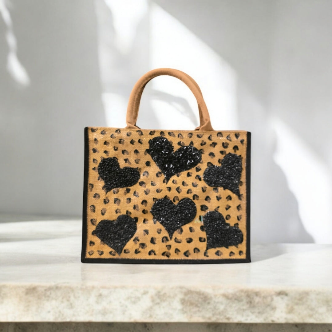 Leopard-Print-Tote-Bag, Black-Beaded-Hearts-on-Animal-Print, Artistic-Design