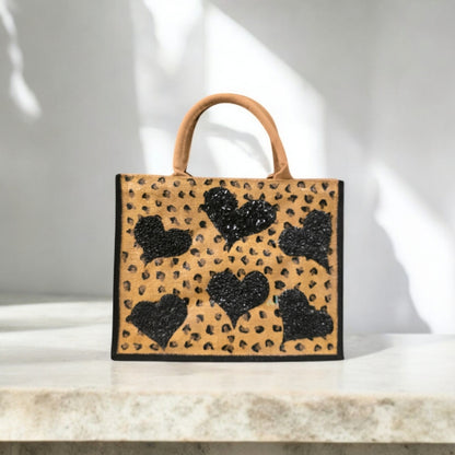 black hearts tote bag, leopard print tote bag, animal print tote bag, beaded hearts jute bag, eco-friendly tote