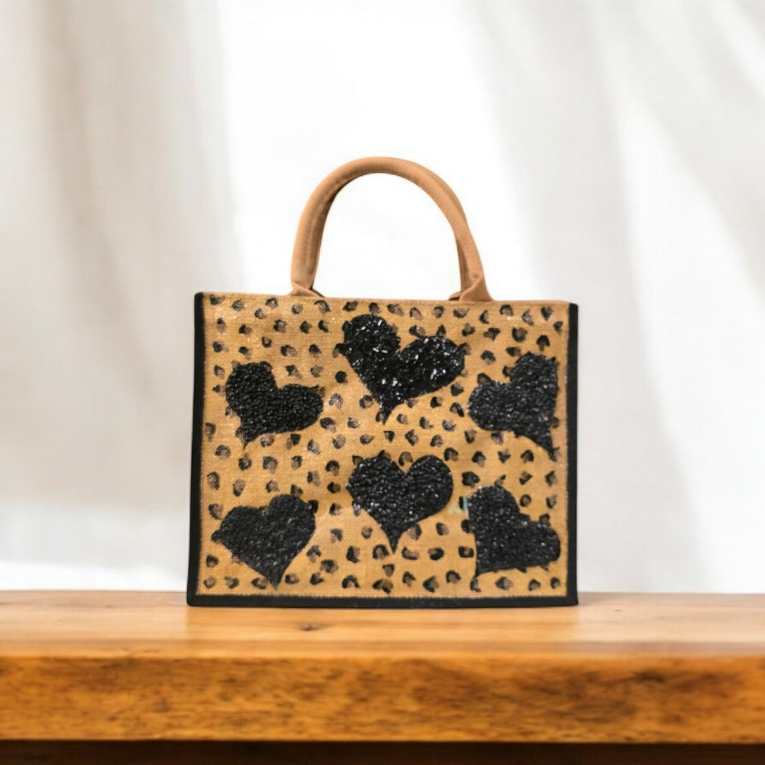 Leopard-Print-Tote-Bag, Black-Beaded-Hearts-on-Animal-Print, Artistic-Design