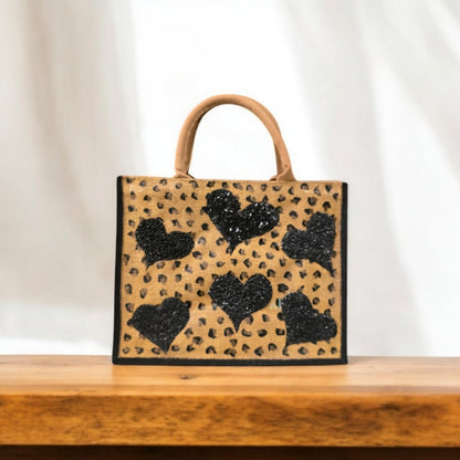 black hearts tote bag, leopard print tote bag, animal print tote bag, beaded hearts jute bag, eco-friendly tote