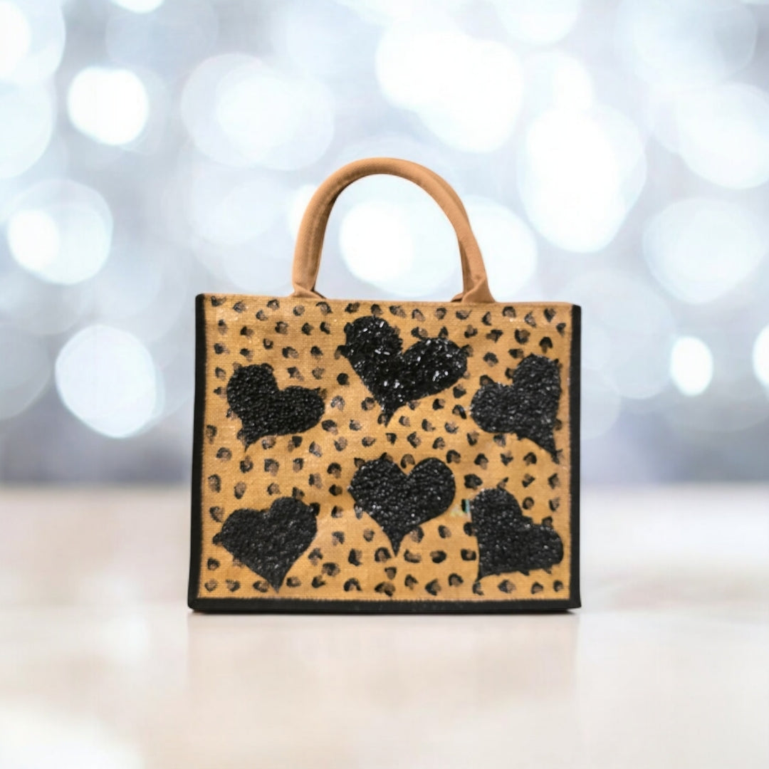 Leopard-Print-Tote-Bag, Black-Beaded-Hearts-on-Animal-Print, Artistic-Design