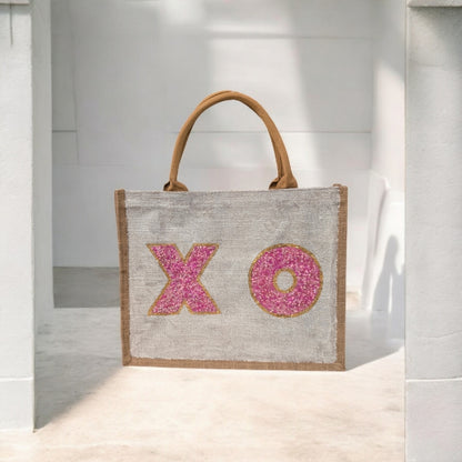 xo valentine tote bag, hand painted valentine tote, beaded off white tote, valentine gift bag