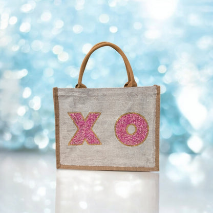 xo valentine tote bag, hand painted valentine tote, beaded off white tote, valentine gift bag