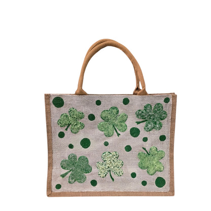 shamrock st patricks tote bag, hand painted st patricks tote, beaded off white tote, st patricks gift bag
