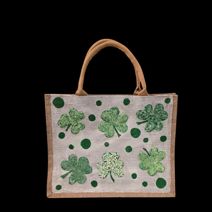 shamrock st patricks tote bag, hand painted st patricks tote, beaded off white tote, st patricks gift bag