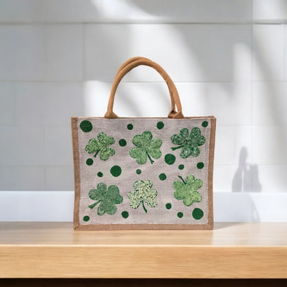 shamrock st patricks tote bag, hand painted st patricks tote, beaded off white tote, st patricks gift bag