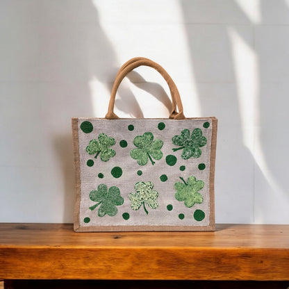 shamrock st patricks tote bag, hand painted st patricks tote, beaded off white tote, st patricks gift bag