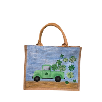 truckload of shamrocks tote, hand painted st patricks tote, beaded blue tote bag, shamrock gift bag