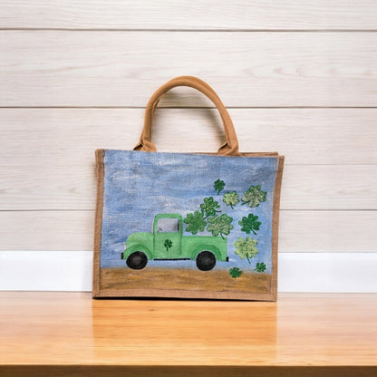 truckload of shamrocks tote, hand painted st patricks tote, beaded blue tote bag, shamrock gift bag