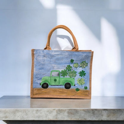 truckload of shamrocks tote, hand painted st patricks tote, beaded blue tote bag, shamrock gift bag