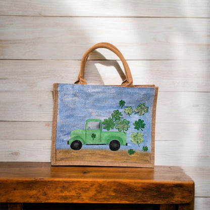 truckload of shamrocks tote, hand painted st patricks tote, beaded blue tote bag, shamrock gift bag
