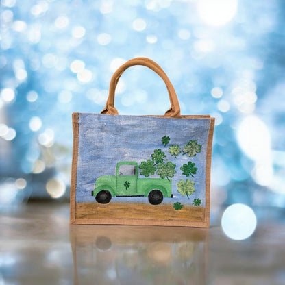 truckload of shamrocks tote, hand painted st patricks tote, beaded blue tote bag, shamrock gift bag