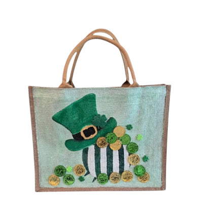 leprechaun tote bag, hand painted st patricks tote, beaded green tote bag, st patricks gift bag