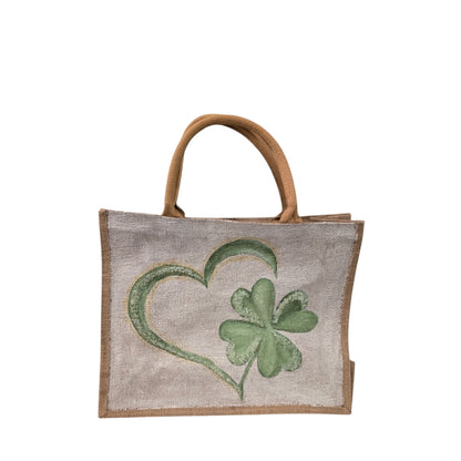 heart and shamrock tote bag, hand painted st patricks tote, beaded off white tote, st patricks gift bag