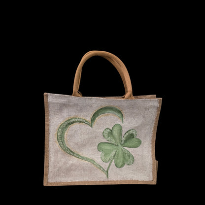 heart and shamrock tote bag, hand painted st patricks tote, beaded off white tote, st patricks gift bag