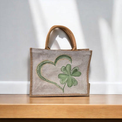 heart and shamrock tote bag, hand painted st patricks tote, beaded off white tote, st patricks gift bag