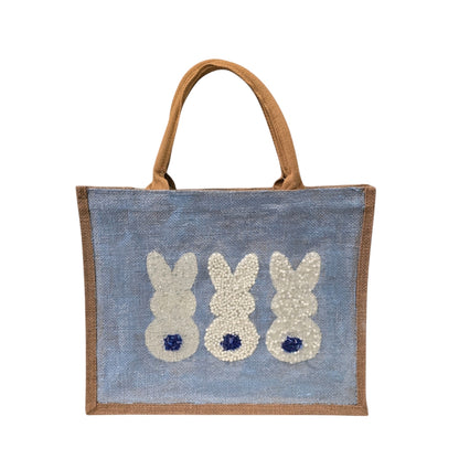 blue bunny easter tote bag, hand painted easter tote, beaded blue bunny bag, bunny market bag
