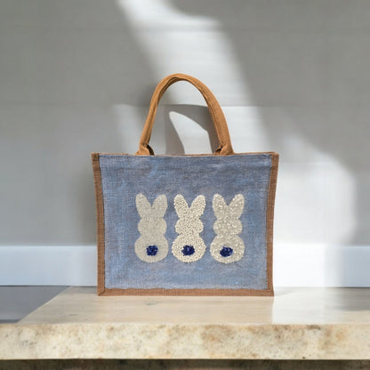 blue bunny easter tote bag, hand painted easter tote, beaded blue bunny bag, bunny market bag