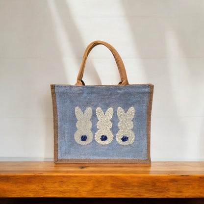 blue bunny easter tote bag, hand painted easter tote, beaded blue bunny bag, bunny market bag