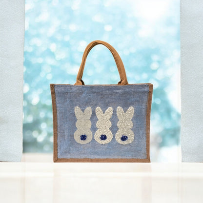 blue bunny easter tote bag, hand painted easter tote, beaded blue bunny bag, bunny market bag