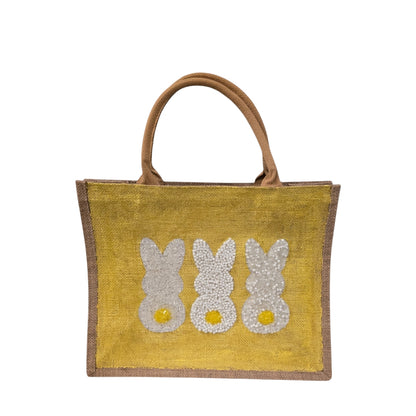 yellow bunny easter tote bag, hand painted easter tote, beaded yellow bunny bag, bunny market bag