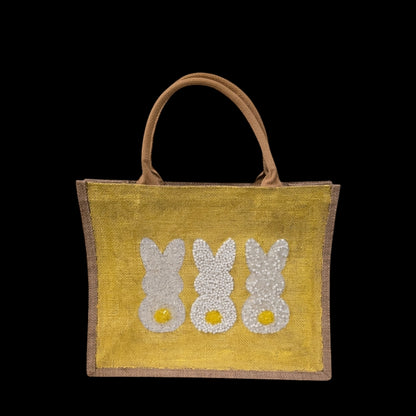 yellow bunny easter tote bag, hand painted easter tote, beaded yellow bunny bag, bunny market bag