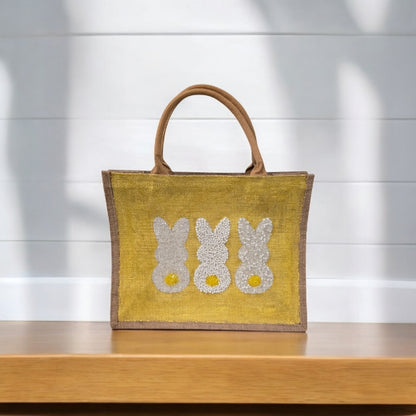 yellow bunny easter tote bag, hand painted easter tote, beaded yellow bunny bag, bunny market bag