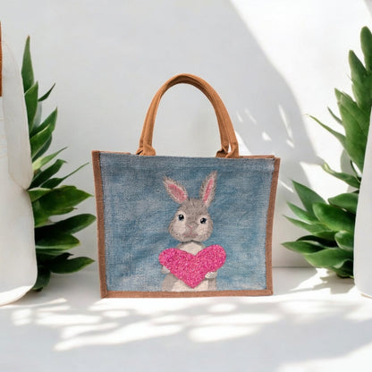 love bunny tote bag, hand painted bunny tote, beaded blue tote bag, easter gift bag