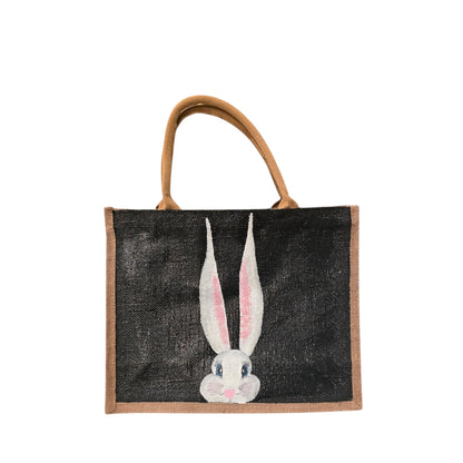 peeking bunny tote bag, hand painted easter tote, beaded black tote bag, bunny gift bag