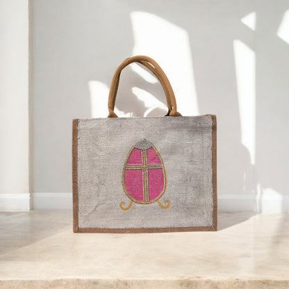 pink rhinestone egg tote bag, hand painted easter tote, beaded pink egg tote, off white tote bag
