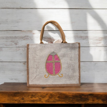 pink rhinestone egg tote bag, hand painted easter tote, beaded pink egg tote, off white tote bag
