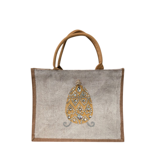 Easter-Glam-Tote, Gold-Jeweled-Egg-Hand-Painted-Canvas-Bag, Artistic-Design