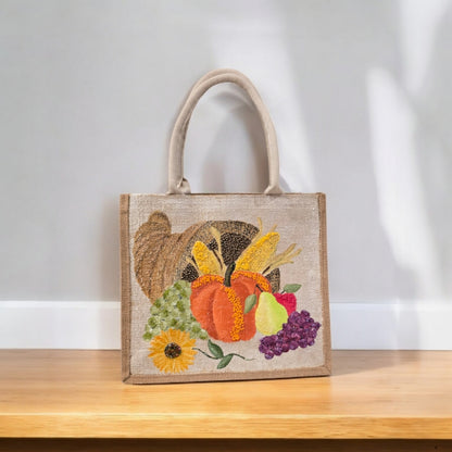 cornucopia tote bag, fall tote bag, Thanksgiving tote bag, harvest tote bag, off white tote bag, beaded autumn jute bag