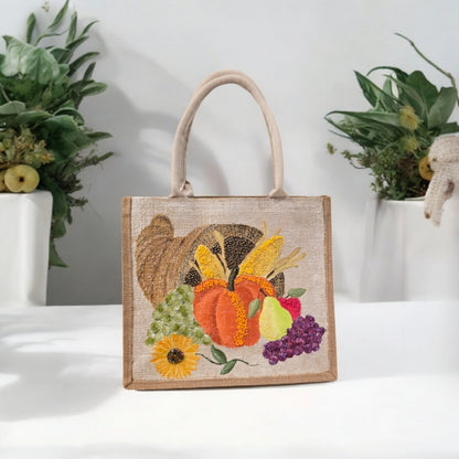 cornucopia tote bag, fall tote bag, Thanksgiving tote bag, harvest tote bag, off white tote bag, beaded autumn jute bag