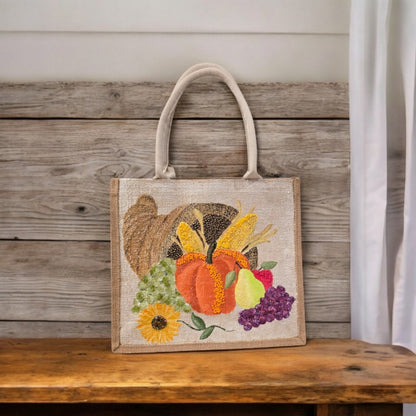 cornucopia tote bag, fall tote bag, Thanksgiving tote bag, harvest tote bag, off white tote bag, beaded autumn jute bag