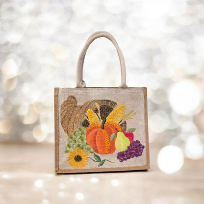 cornucopia tote bag, fall tote bag, Thanksgiving tote bag, harvest tote bag, off white tote bag, beaded autumn jute bag