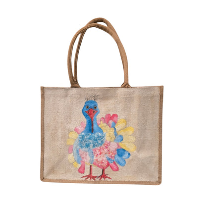 pastel turkey tote bag, Thanksgiving tote bag, turkey tote bag, fall tote bag, beaded turkey jute bag, off white tote bag